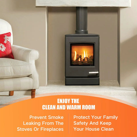 Black wood stove with glass door in a beige living room.