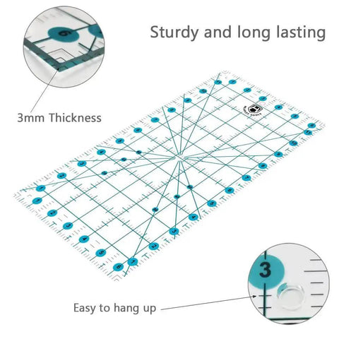 Quilting ruler from the All In One 45mm Rotary Cutter Set For Sewing And Quilting with 3mm thickness and hanging hole in turquoise.