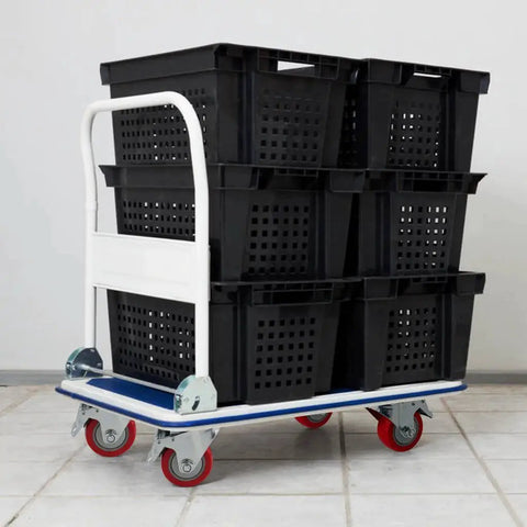 Industrial cart with 4 inch swivel plate caster wheels heavy duty metal casters and locking brakes, loaded with black bins