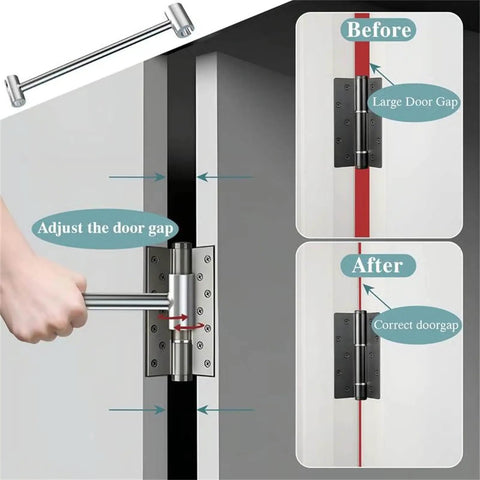 Door Hinge Adjustment Tool For Precise Alignment And Smooth Operation Double Head Hinge Hole Wrench in use on door.