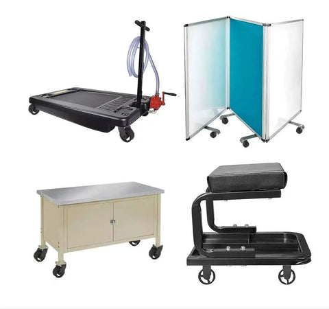 Diverse tools and equipment on casters, including carts and benches, illustrating mobility and utility in industrial settings.
