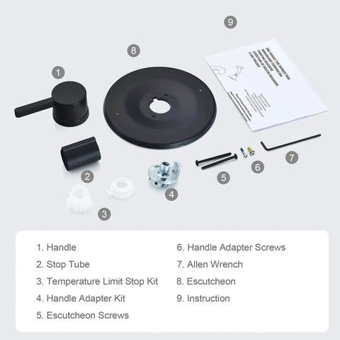 Matte Black Shower And Tub Trim Kit For Moen Posi Temp Valve with components and installation instructions shown.