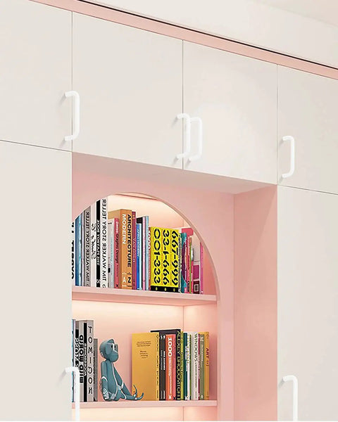 Bright White 3.8 Inch Cabinet Pulls 5 Pack Aluminum Alloy Drawer Handles on white cabinets with books on pink shelves