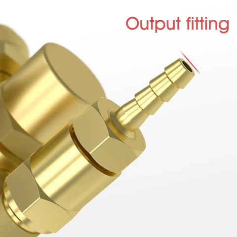 Close-up of output fitting on Argon And CO2 MIG And TIG Flow Meter Gas Regulator Gauge With 8 Foot Hose, Leakproof CGA 580 Inlet