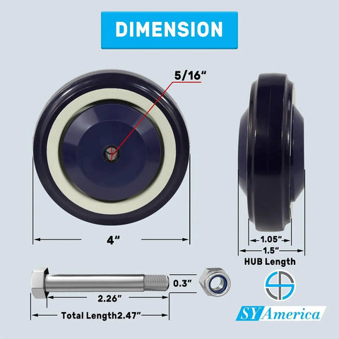Dimensions of 4 Inch Replacement Shopping Cart Wheels Kit With Dual Precision Bearings For Light And Medium Duty Use, Polyurethane Crown Tread On A Durable Polypropylene Core, 5/16 bore, Dark Blue.