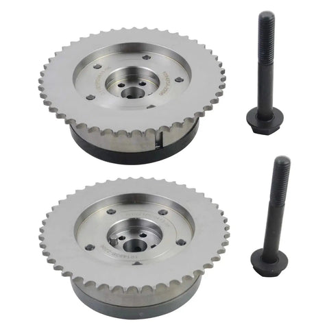 Pair of silver engine timing camshaft gears with mounting bolts, front view