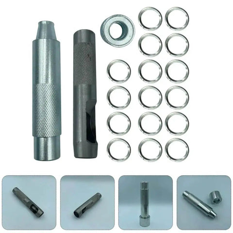 Pro Grade 17mm Eyelet Setter Tool And Die Punch Kit With 100 Silver Grommets for DIY Leathercraft, showing tools and grommets