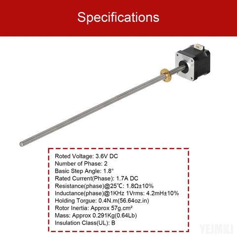 NEMA 17 stepper motor with 350mm T8 lead screw, black motor body and silver threaded rod
