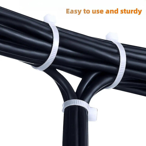 White Zip Ties 12 Inch 100 Pack Heavy Duty Self Locking Nylon Cable Ties 120 Lbs Tensile Strength Perfect For Indoor And Outdoor Use Weather Resistant Bundle Organizer For Wires Cables Hoses And Garden Projects bundling cables