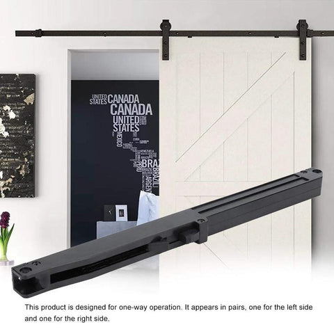 Soft Close Buffer Damper For Sliding Barn Doors, Quiet And Adjustable Rise And Fall, One Way Track Glide Accessory shown installed