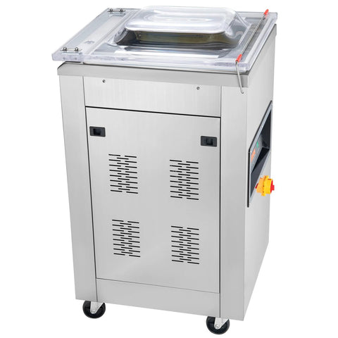 VEVOR chamber vacuum sealer on caster wheels; stainless steel cabinet, clear lid, and side control panel.