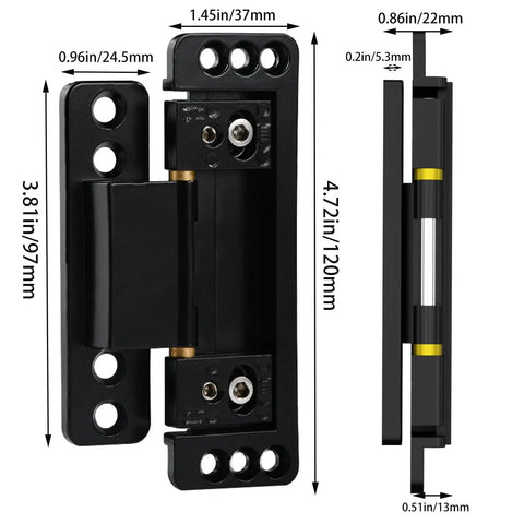 Ultra Thin Hidden Door Hinges 2 Pack Next Level Adjustable Concealed Butt Hinges For Secret Doors 110 Lb Load Bearing Beefy Heavy Duty Black Zinc Alloy Hinges With Two Way Adjustment Easy Shallow Groove Install Door Friendly, shown in detailed measurement view.