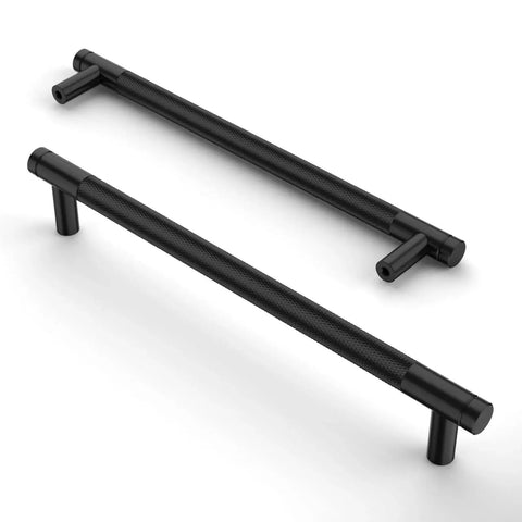 Two matte black knurled cabinet pulls shown from above, 6.3 inch (160mm) length, ideal for cupboards and drawers, durable kitchen handles.