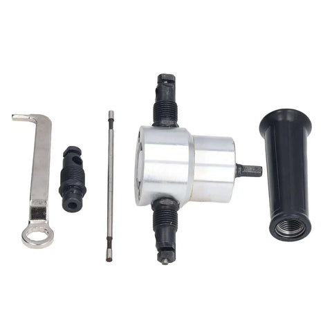 Heavy Duty Pro Grade Double Head Sheet Metal Nibbler Drill Attachment Kit with accessories for cutting metal plates.
