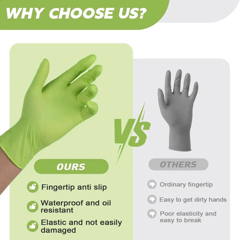 Comparison of Nitrile Disposable Gloves Powder Free Latex Free 3.5Mil Food Green Small 100pcs with gray competitor gloves