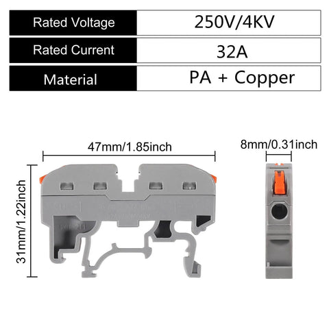 DIN Rail Terminal Blocks Kit With 30 Universal Compact Wire Connectors 3 Marker Strips 3 Connection Bars And 30 Screws For 28 12 AWG Wires Safe Insulated Flame Retardant Corrosion Resistant Electrical Wiring Solution. Dimensions and materials shown.