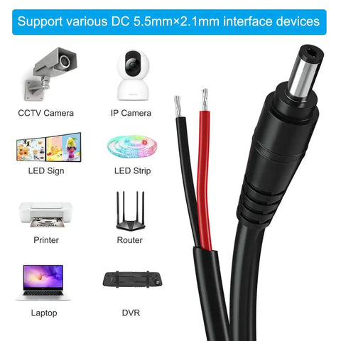 Premium 16AWG DC Power Pigtail Cable With 2.1mm By 5.5mm Barrel Plug Male To Bare Wire Open End Power Lead For CCTV Security Cameras 12V