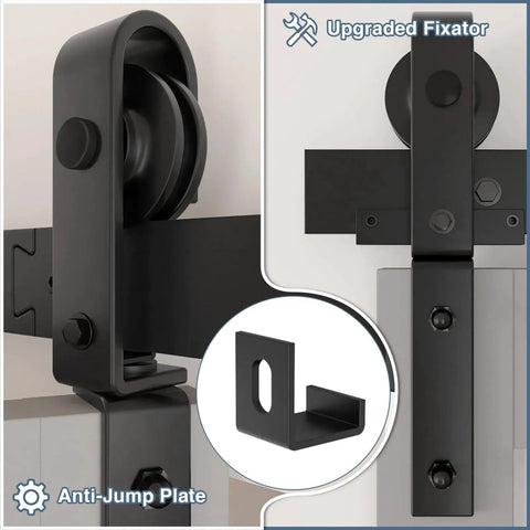 Close-up of 60 Inch Bi Folding Sliding Barn Door Hardware Kit For Four Doors with side-mounted rollers and fixator.