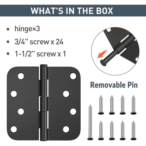 Three Pack Four Inch Door Hinges With Five Eighths Inch Radius Corners Matte Black Finish For Interior And Exterior Doors Includes All Screws