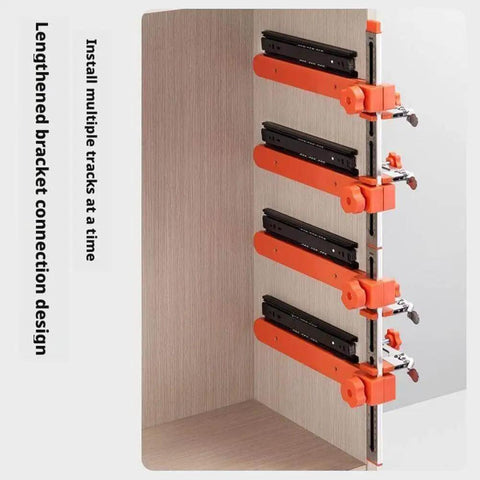 Drawer Slide Jig With Toggle Clamp And Magnetic Arm, Precision Cabinet Drawer Jig Tool With Laser Engraved Dual Scale Mark For Mounting Drawer Slides, Fast And Accurate Installation For DIYers And Pros showing side view with lengthened bracket design.