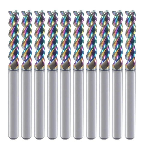 1/8 Inch Carbide Square End Mill For Aluminum And Copper, 3 Flute, DLC Coating, U Type Design, CNC Router Bits, Pack Of 10