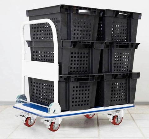 Rolling cart with black storage bins, equipped with 3 Inch Heavy Duty Casters Load 1500 Lbs Lockable Bearing Caster Wheels For Furniture.