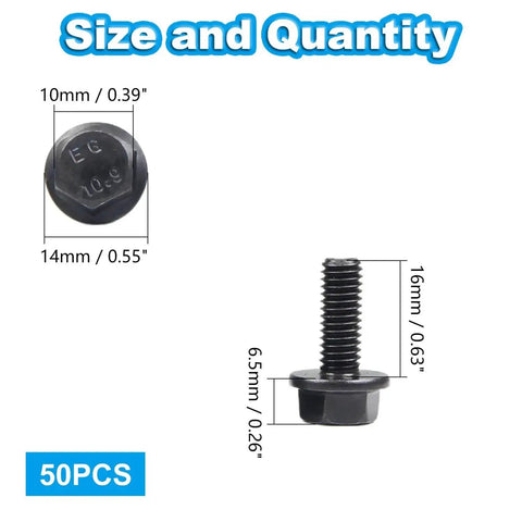M6 Flanged Hex Bolts 1.0 x 16mm With External Flange Hex Drive Heavy Duty Alloy Steel Class 10.9 Black Oxide Finish Fully Threaded Rust Resistant Fasteners For Machinery Auto Projects 50 Pack, showing dimensions and quantity.