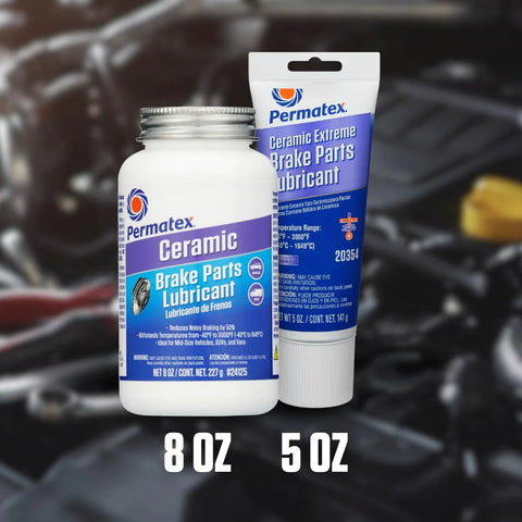 Permatex Ceramic Brake Parts Lubricant containers, two items: 8 oz bottle and 5 oz tube.
