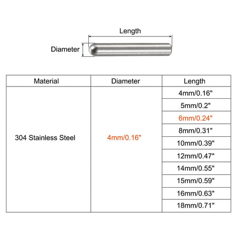 4x6mm Dowel Pins Set Of 10 304 Stainless Steel Round Head Flat Chamfered End Non Threaded Fasteners size chart and dimensions