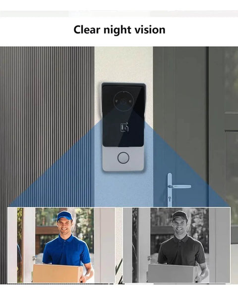 Two Wire Video Intercom System With Indoor Monitor And Wifi Doorbell Camera installed on wall, showing night vision clarity.