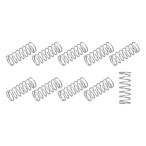Twenty 304 stainless steel compression springs, 0.3x4mm OD, 10mm free length, silver tone
