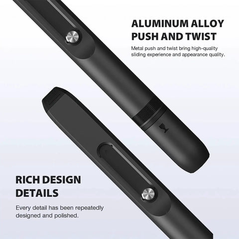 Close-up of a Double Ended Lens Cleaning Pen with aluminum alloy push and twist design, featuring a carbon head and soft brush for glasses.