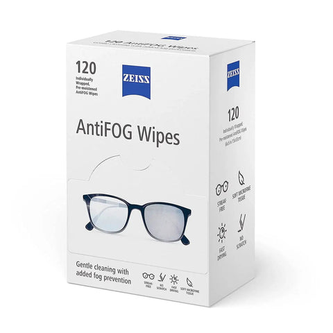 ZEISS Anti Fog Wipes For Glasses And Goggles 120 Count box showing packaging design and lens image.
