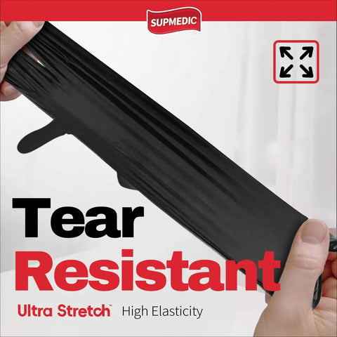 Black Nitrile Exam Gloves 5 Mil Powder Free Medical Gloves XL 100 Pcs being stretched, showcasing tear resistance and elasticity.