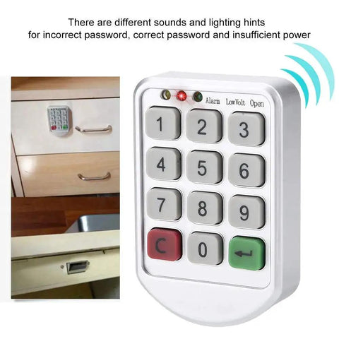Code Lock Keypad Cabinet Lock with ABS plastic panel installed on drawer, showing numeric keypad, supports temporary or fixed passwords.