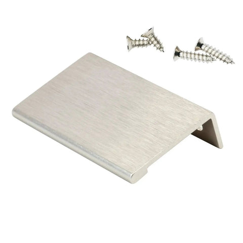 10 Pack Modern Finger Edge Cabinet And Drawer Pulls In Brushed Stainless Steel Finish Center To Center 50mm (1.97 In) Overall Length 70mm (2.75 In) Aluminum Handles For Kitchen Bathroom Home Furniture showing a single pull with screws