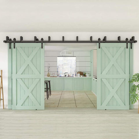 Installed view of 11Ft Four Doors Double Track Bypass Sliding Barn Door Hardware Kit Hardware Only No Doors Included