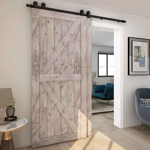 Installed 5.5 Foot Bypass Barn Door Hardware Kit For 33 Inch Double Doors, full sliding wood door track system with T shape hangers