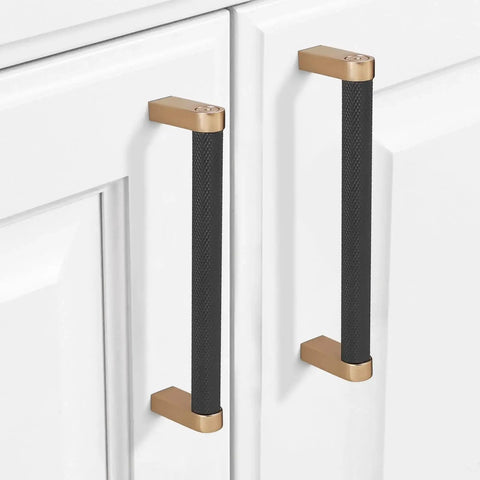 10 Pack 5 Inch Center To Center Black And Champagne Bronze Knurled Cabinet Handles installed on white kitchen cabinets