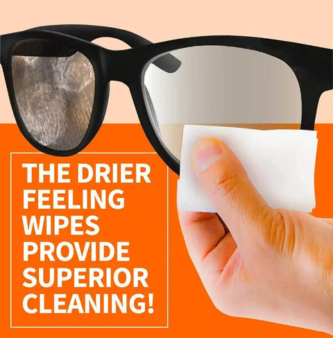 Hand using Microfiber Lens Wipes Pre-Moistened White 40 Count For Glasses And Screens on eyeglass lens removing smudges.