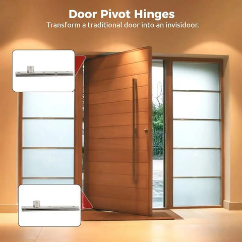 Heavy Duty Invisidoor Pivot Hinges 4 Pack With Screws Stainless Steel Hidden Bookcase Door Hardware 360 Degree Pivot System shown installed on a wooden door.