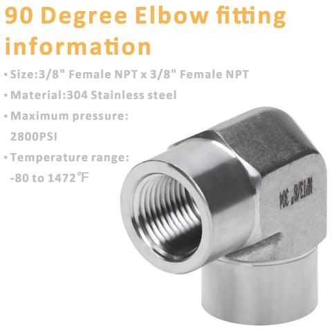 90-degree street elbow fitting, 3/8 NPT female to 3/8 NPT female, stainless steel 304 forged barstock, pack of 2