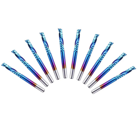 Nano Blue Coat Flat Nose End Mill Set With One Flute Spiral Upcut CNC Router Bits arranged in a semicircle