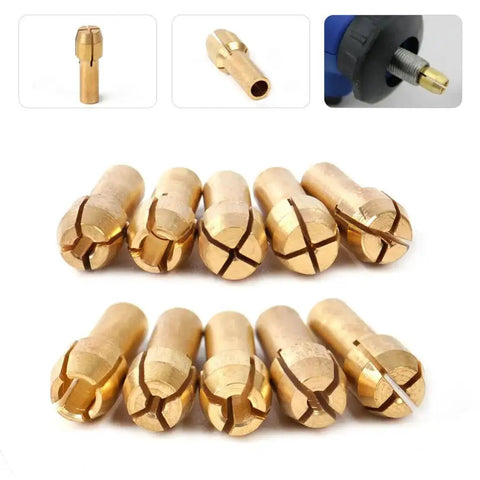 10 Piece Brass Collet Set for Dremel Rotary Tools Fits 0.5mm to 3.2mm Bits and 1/8 Inch Shank, shown in different angles.