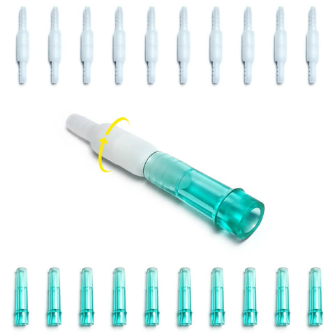 Oxygen tubing swivel connectors, 10-pack, white with teal female ends for cannula or tube, 360-degree rotation.
