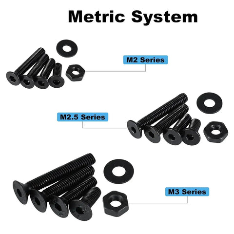 900 Piece Flat Head Hex Socket Cap Screws Kit With Nuts Washers And Hex Wrench M2 M2.5 M3 Fully Threaded Allen Machine Screws 10.9 Grade Alloy Steel Black Oxide Finish Built Tough kit showing M2, M2.5, and M3 series screws, nuts, and washers.
