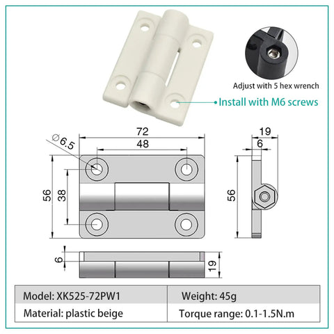 Two Pack Folding Door Hinge Set With Serious Damping And No Fuss Install Adjustable Stop Torque Buffer And Positioning For Cabinets Or Closets 72x56x19mm White Plastic Hinge Pre Drilled Countersunk Holes diagram showing dimensions and installation details.