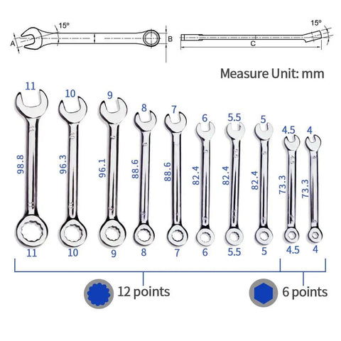 Metric 10 Piece Mini Wrench Set With Open End And Box End Handles From 4mm To 11mm displayed with size measurements in millimeters.