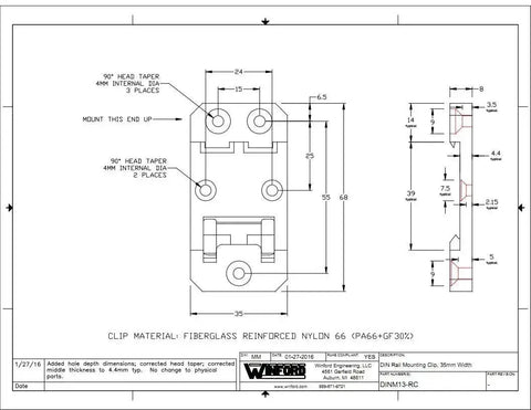 Technical drawing of DIN Rail Mounting Brackets 35mm x 68mm Black RoHS Compliant 10 Pack Durable Clips For Standard 35mm DIN Rails Mounting Devices In Enclosures And Control Panels