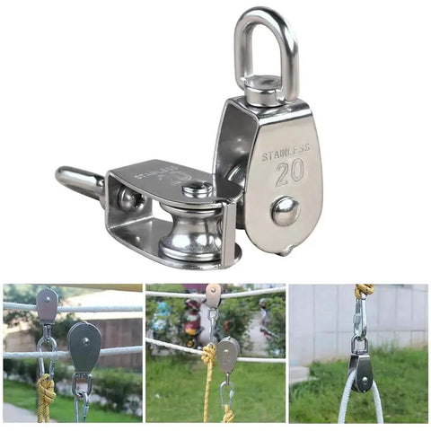 2 Pcs 304 Stainless Steel M20 Silver Single Pulley Block For Wire Rope Hanging And Towing Wheel 20mm Wheel Diameter 8mm Groove Width 13mm Eye Diameter 73mm Total Height 62g Each Maximum 75kg Load Rustproof Durable Wear Resistant shown in different use scenarios.